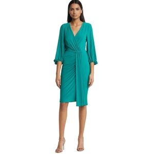 Eliza J Wrap Look Long Sleeve Dress‎ Stretch Jersey, Green, Size 4
